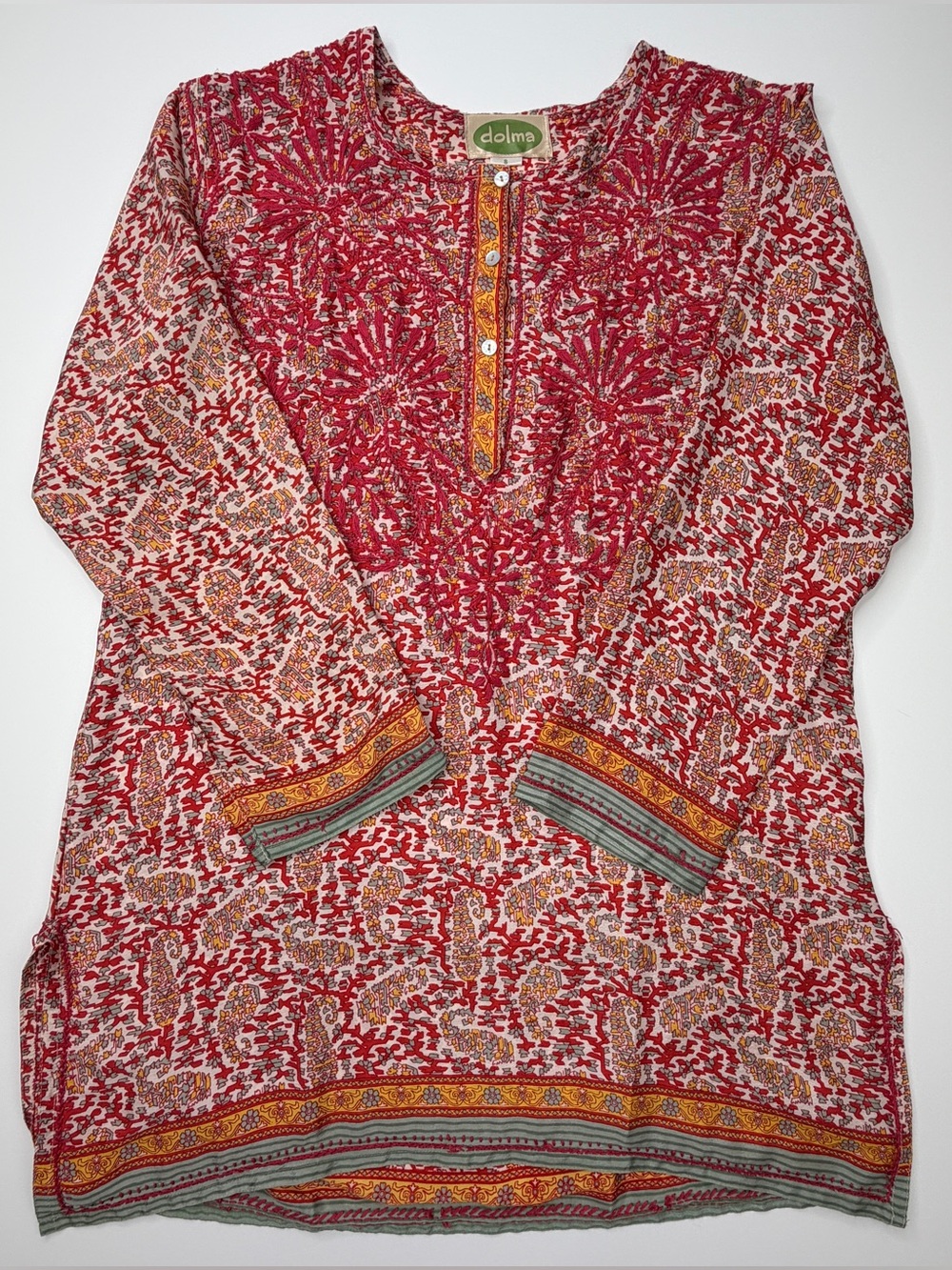 Dolma Red Floral Hand Embroidered Tunic with Multicolor Trim Silk Blend Small
